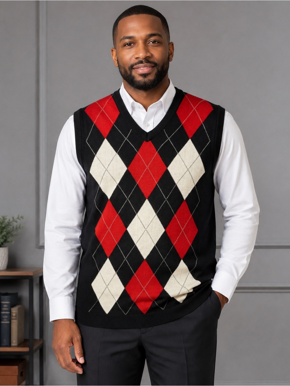 Regal Wear Men's Large Black Red Ivory Argyle V-Neck Sweater Vest Acrylic